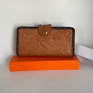 Vintage cognac, brown tooled leather wallet initials, ABT